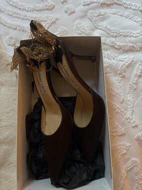 Jimmy Choo Dark Brown Pointed-Toe Slingback Heels with Gold Chain Accent